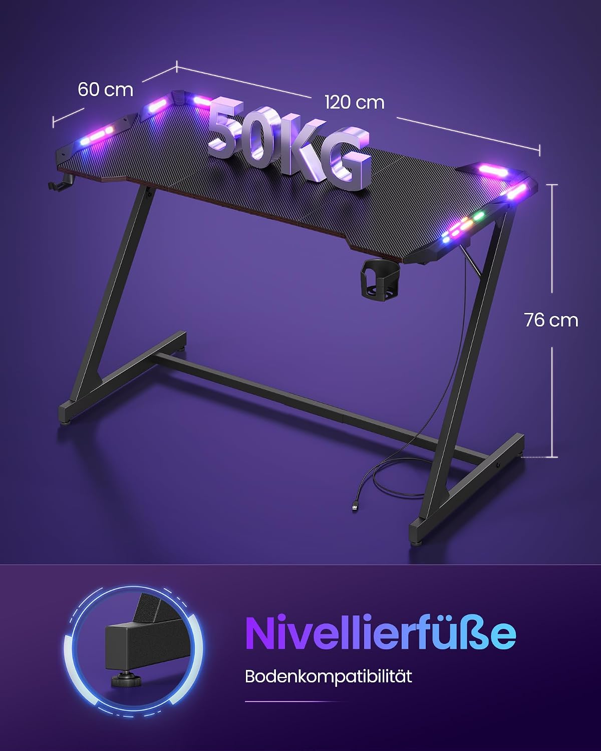 Gamebureau met RGB LED-Verlichting – Z-Vormig Stalen Frame – Carbonlook Blad – Bekerhouder & Koptelefoonhaak