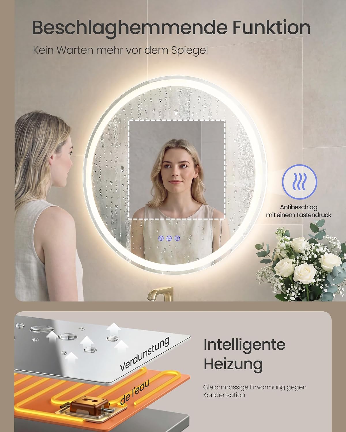 Ronde Badkamerspiegel met LED-Verlichting – Anti-condens – Dimbaar – 3 Lichtkleuren – Ø 51 of 61 cm