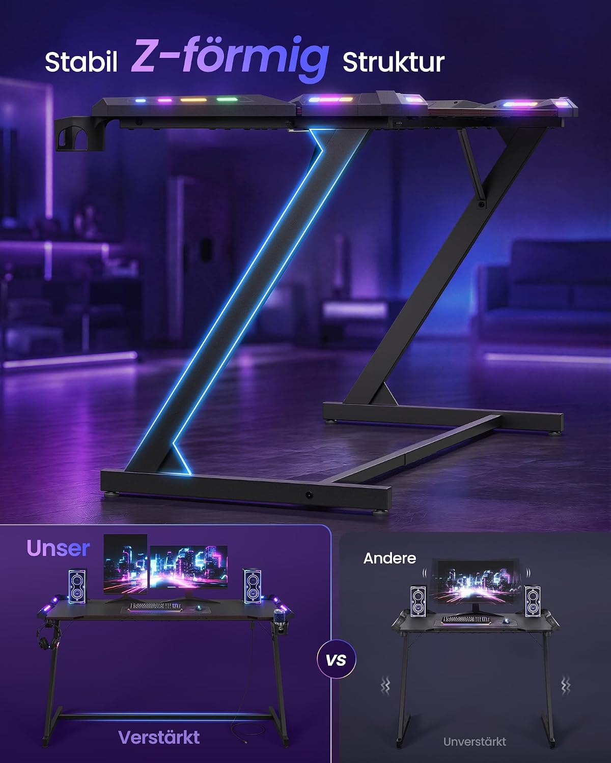 Gamebureau met RGB LED-Verlichting – Z-Vormig Stalen Frame – Carbonlook Blad – Bekerhouder & Koptelefoonhaak