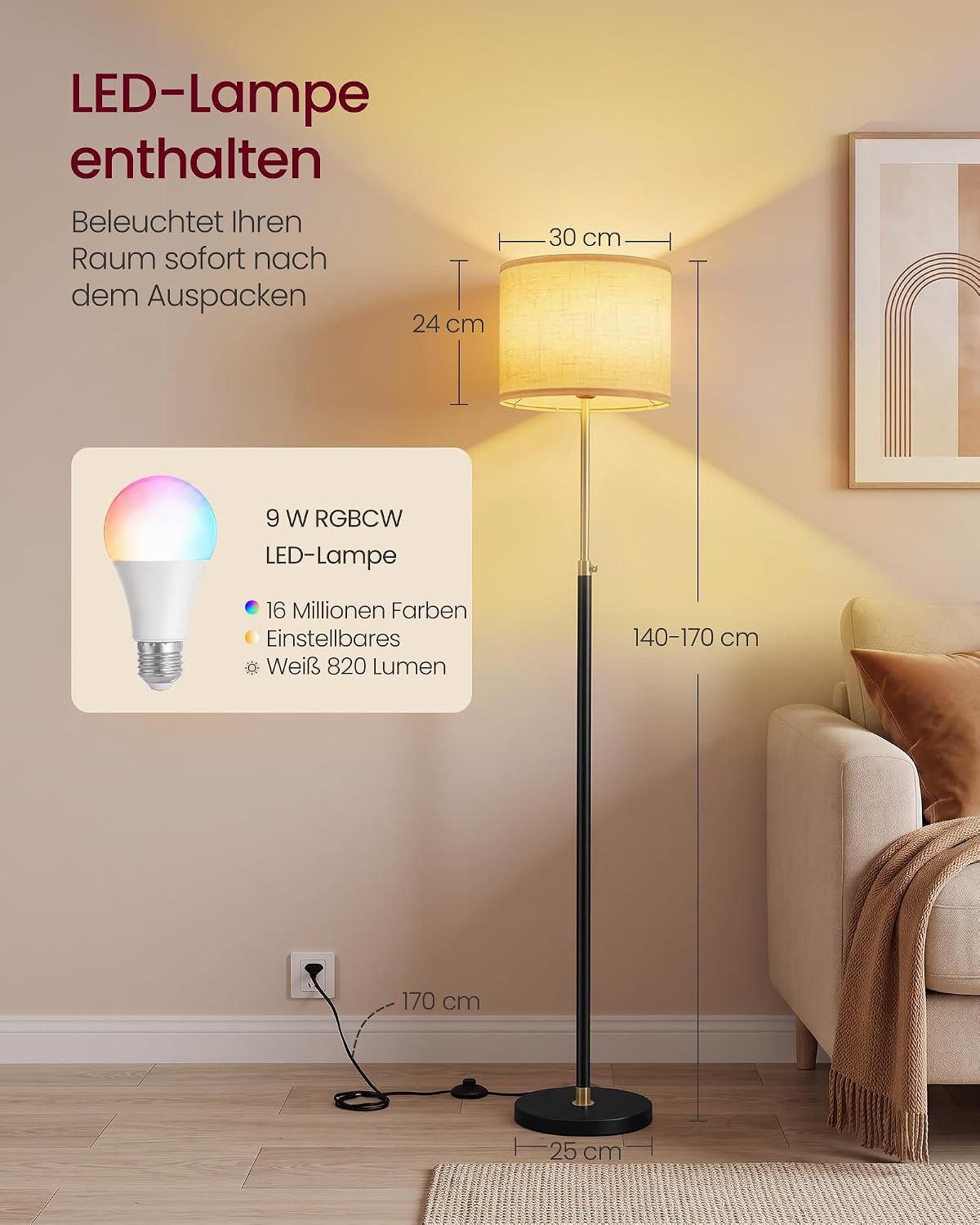 Staande Lamp met Stoffen Lampenkap – Verstelbare Hoogte – Inclusief LED-lamp – Goud-Zwart