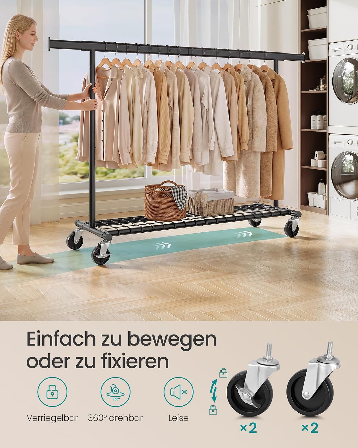 Kledingrek op Wielen – Uitschuifbaar – Tot 180 kg – Met Schoenenplank – Staal
