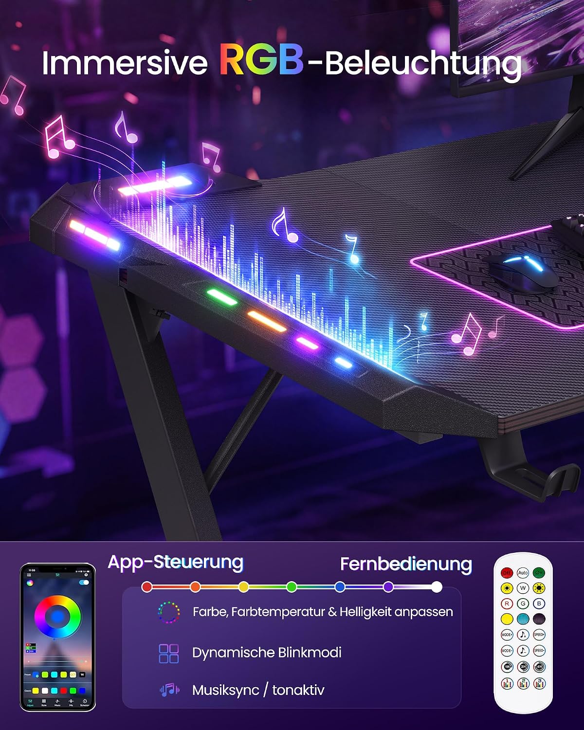 Gamebureau met RGB LED-Verlichting – Z-Vormig Stalen Frame – Carbonlook Blad – Bekerhouder & Koptelefoonhaak