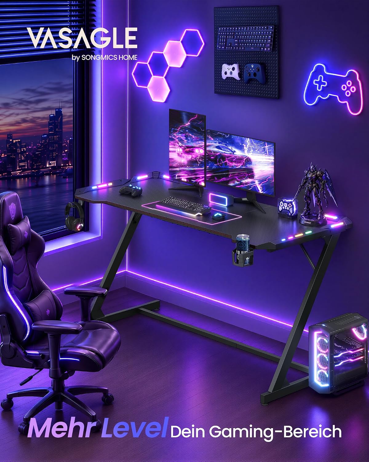 Gamebureau met RGB LED-Verlichting – Z-Vormig Stalen Frame – Carbonlook Blad – Bekerhouder & Koptelefoonhaak