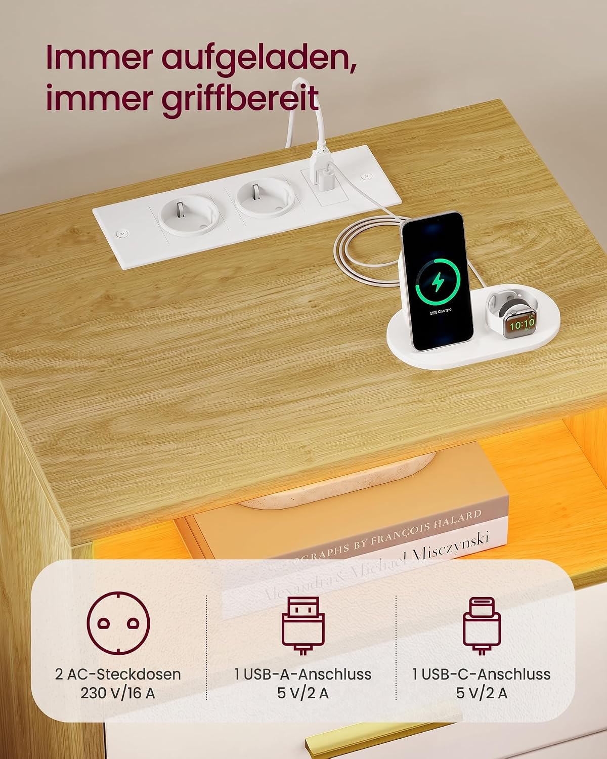 Nachtkastje met Laadstation en LED-Verlichting – Custos Collectie – 2 Lades – Los of Set van 2