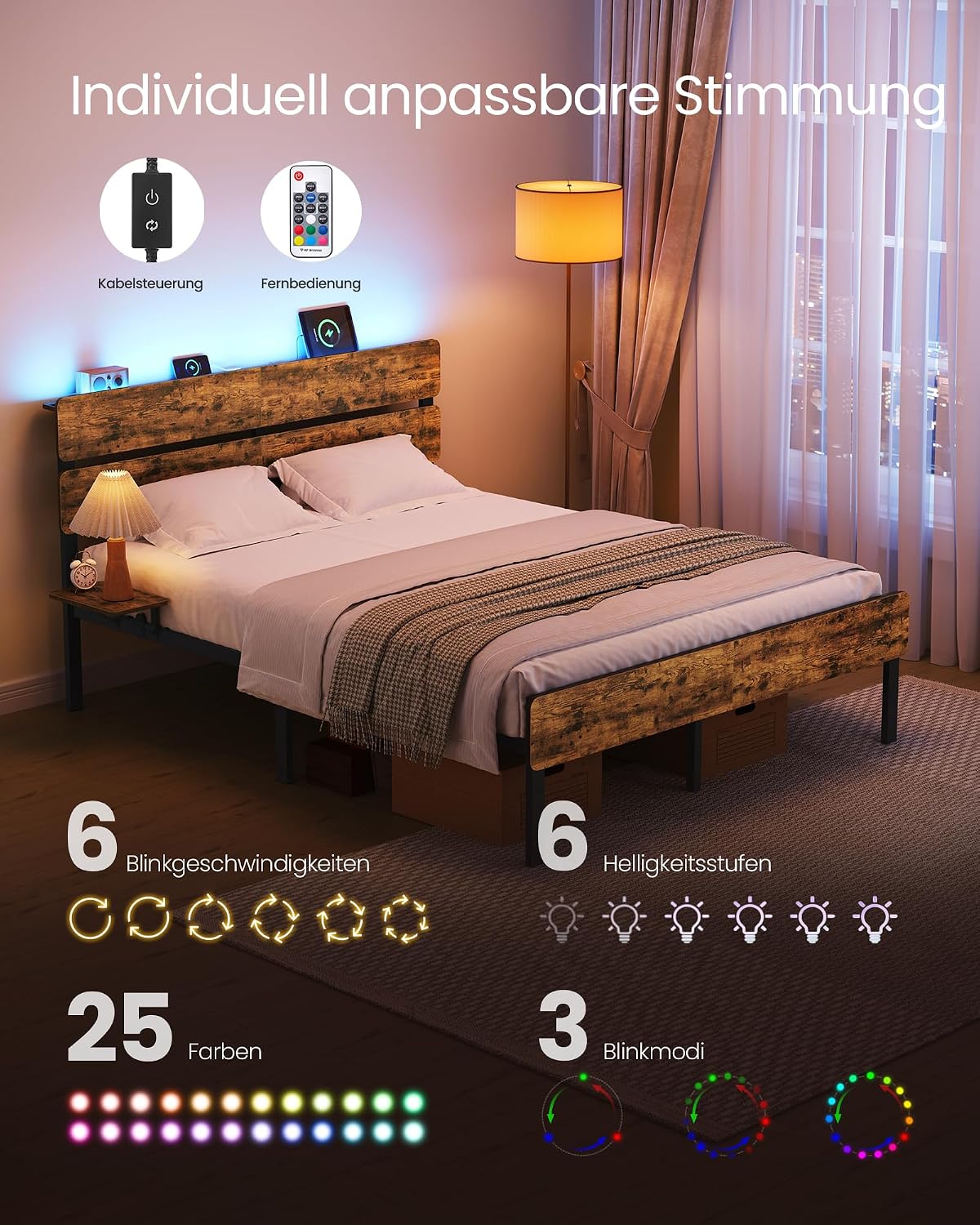 Metalen Bedframe Met LED-Verlichting En Oplaadstation – Industrieel Design – USB-A En USB-C – Met Opbergruimte Onder Het Bed