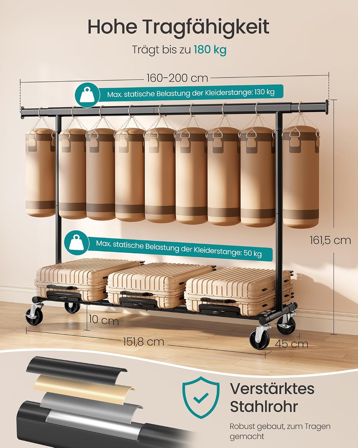 Kledingrek op Wielen – Uitschuifbaar – Tot 180 kg – Met Schoenenplank – Staal