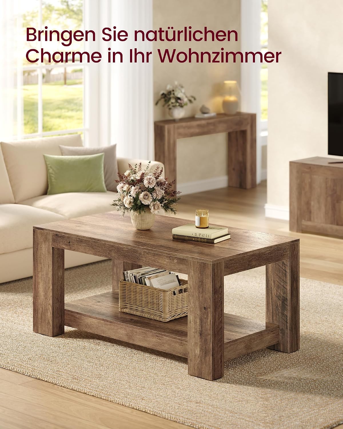 Salontafel met Onderplank – Robuuste Blokpoten – Honingbruine Houtlook – Tot 90 kg – 100 x 55 x 45 cm