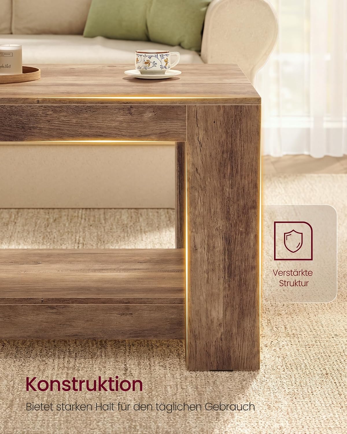 Salontafel met Onderplank – Robuuste Blokpoten – Honingbruine Houtlook – Tot 90 kg – 100 x 55 x 45 cm