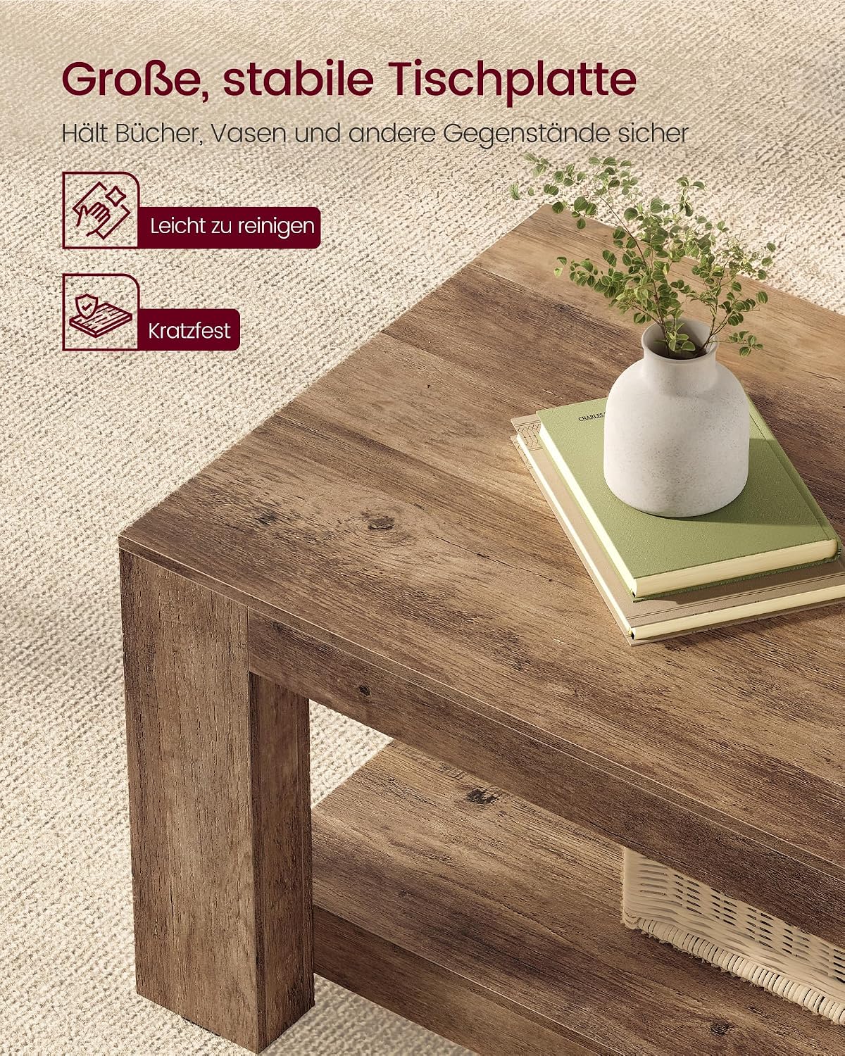 Salontafel met Onderplank – Robuuste Blokpoten – Honingbruine Houtlook – Tot 90 kg – 100 x 55 x 45 cm