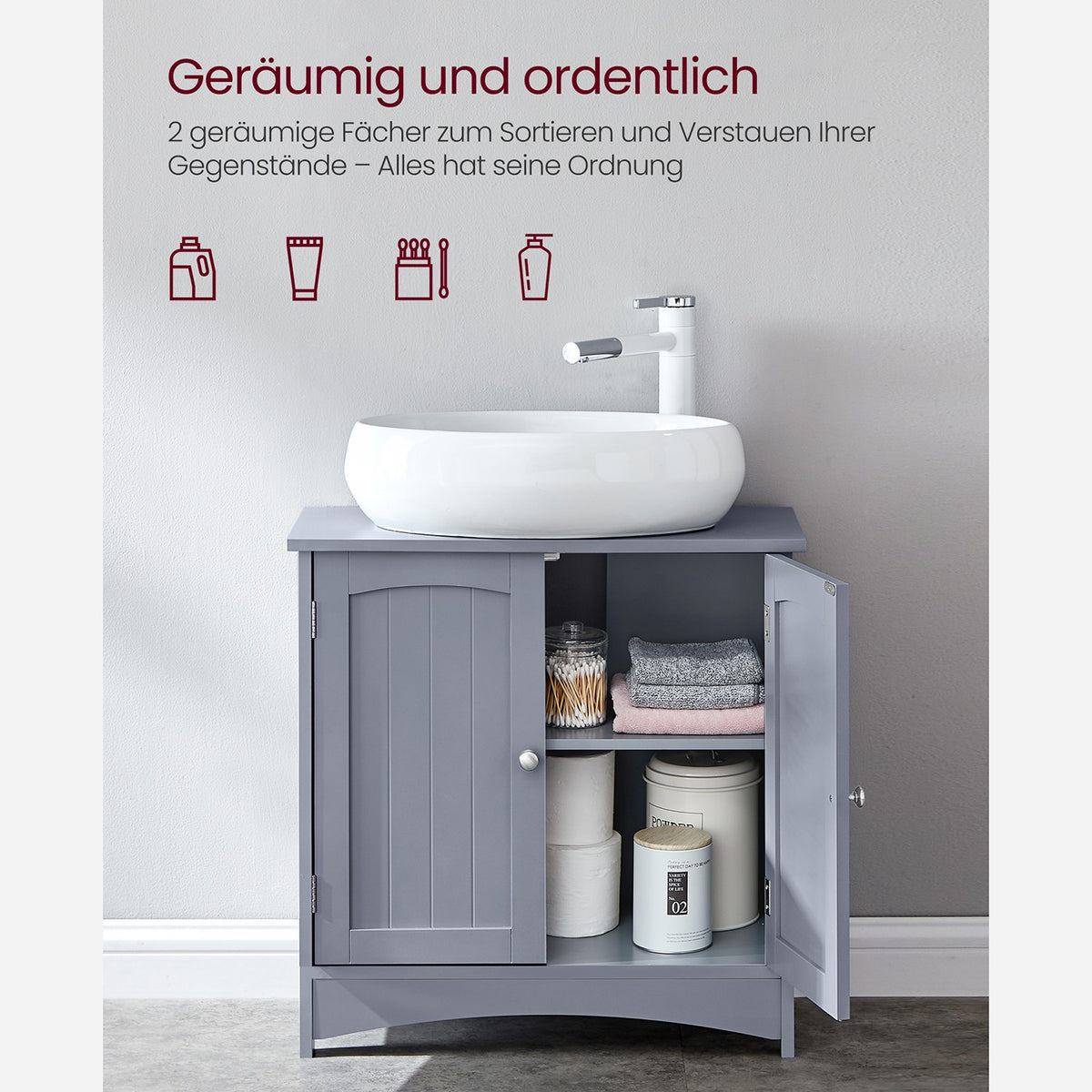 Wastafelonderkast met 2 Deuren – Verstelbare Plank – Sifonuitsparing – Grijs – 60 x 30 x 60 cm