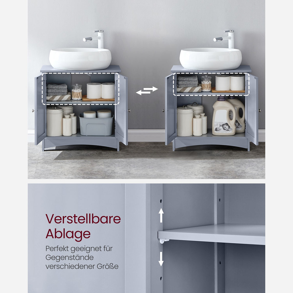 Wastafelonderkast met 2 Deuren – Verstelbare Plank – Sifonuitsparing – Grijs – 60 x 30 x 60 cm