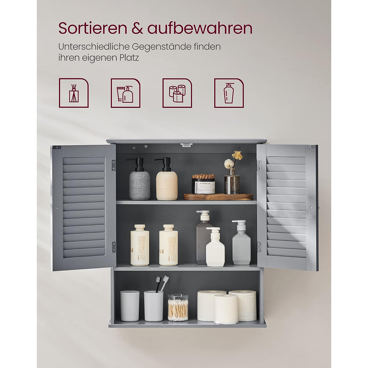 Hangkast met 2 Lamellendeuren en Open Vak – Badkamerkast – Verstelbare Plank – 60 x 20 x 70 cm