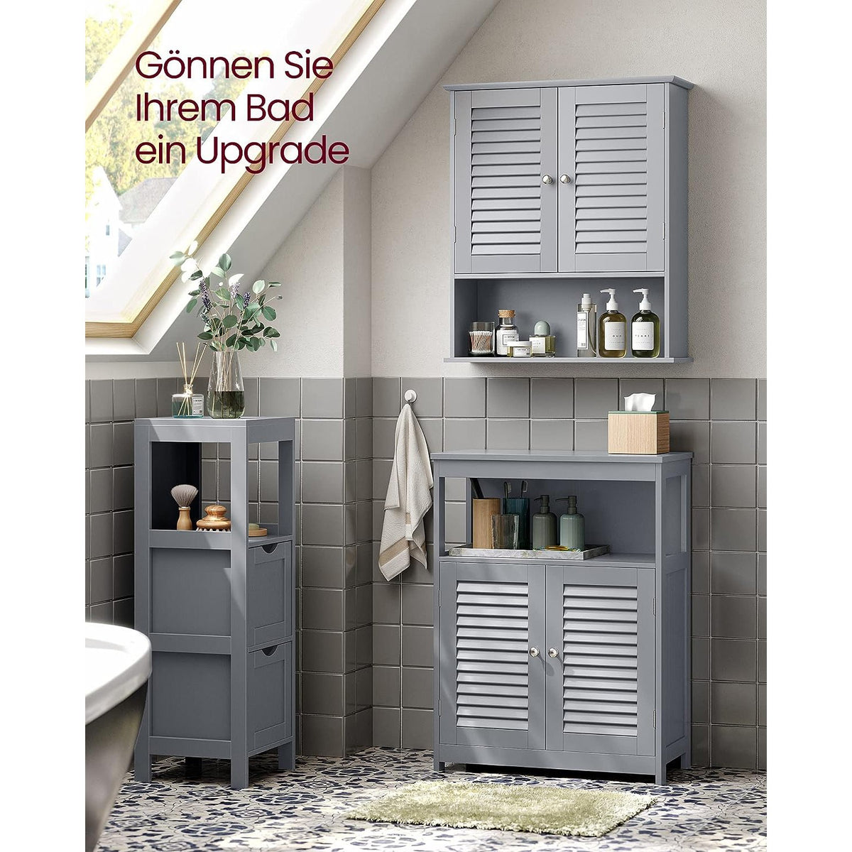 Hangkast met 2 Lamellendeuren en Open Vak – Badkamerkast – Verstelbare Plank – 60 x 20 x 70 cm