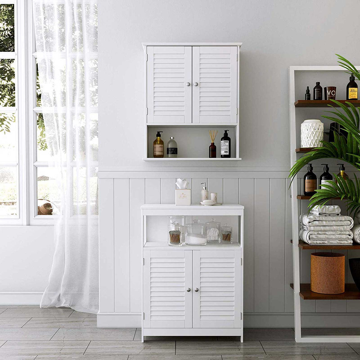 Hangkast met 2 Lamellendeuren en Open Vak – Badkamerkast – Verstelbare Plank – 60 x 20 x 70 cm