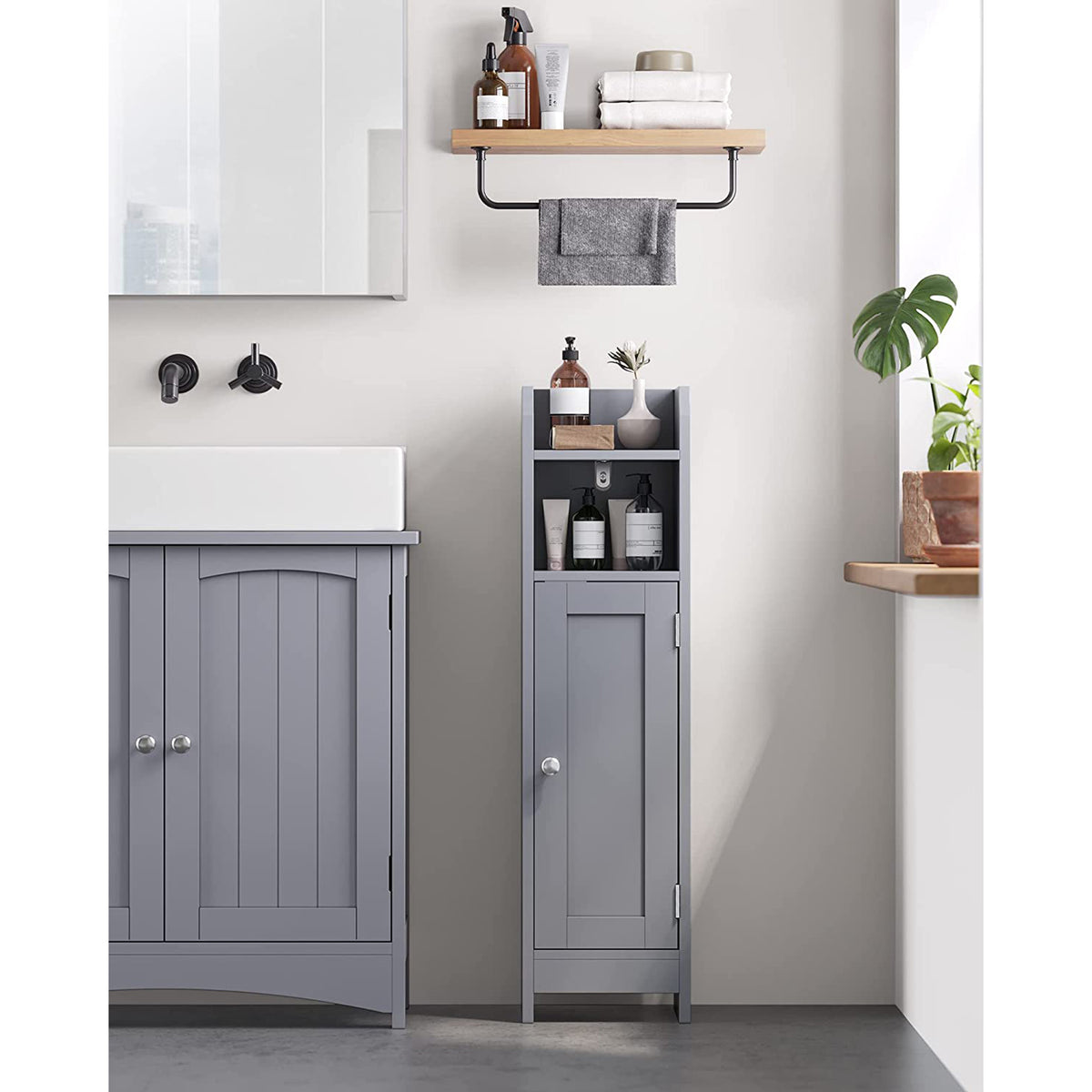 Smalle Badkamerkast met Deur – 2 Open Vakken & Verstelbare Planken – 18 cm Breed – 80 cm Hoog