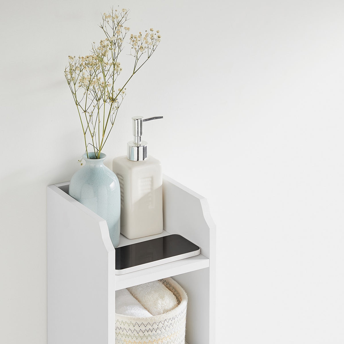 Smalle Badkamerkast met Deur – 2 Open Vakken & Verstelbare Planken – 18 cm Breed – 80 cm Hoog