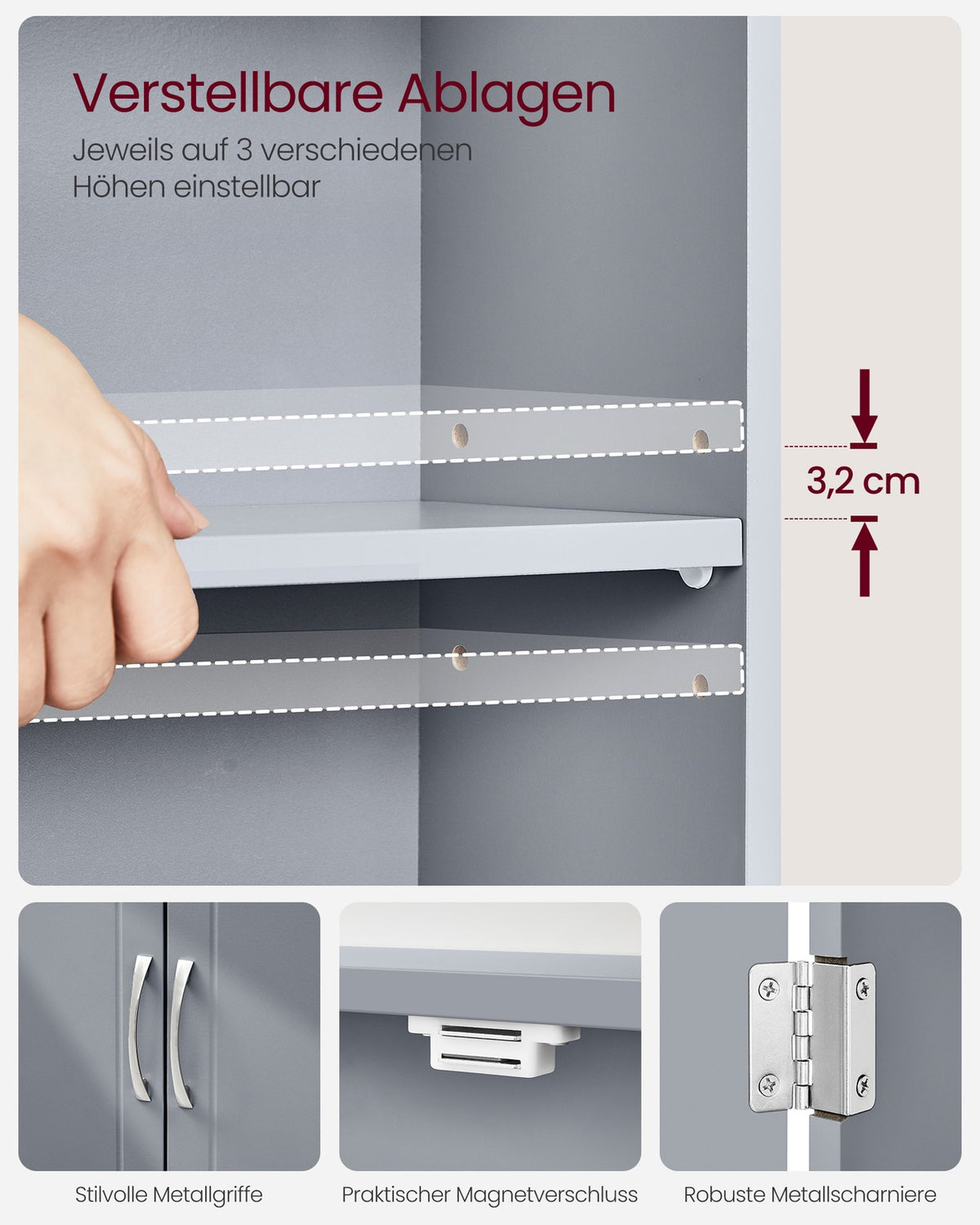 Hangkast voor de Badkamer met 2 Deuren – 2 Verstelbare Planken – Magneetsluiting – 60 x 18 x 60 cm