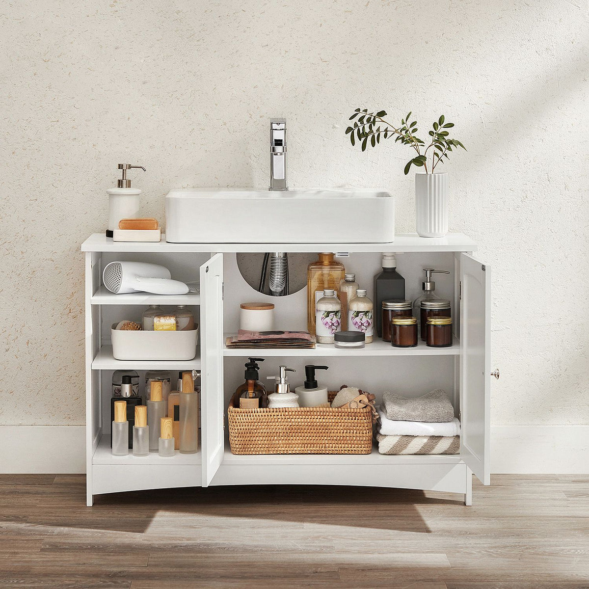 Wastafelonderkast – 2 Deuren & Open Vakken – Verstelbare Planken – Sifonuitsparing – 90 x 30 x 60 cm