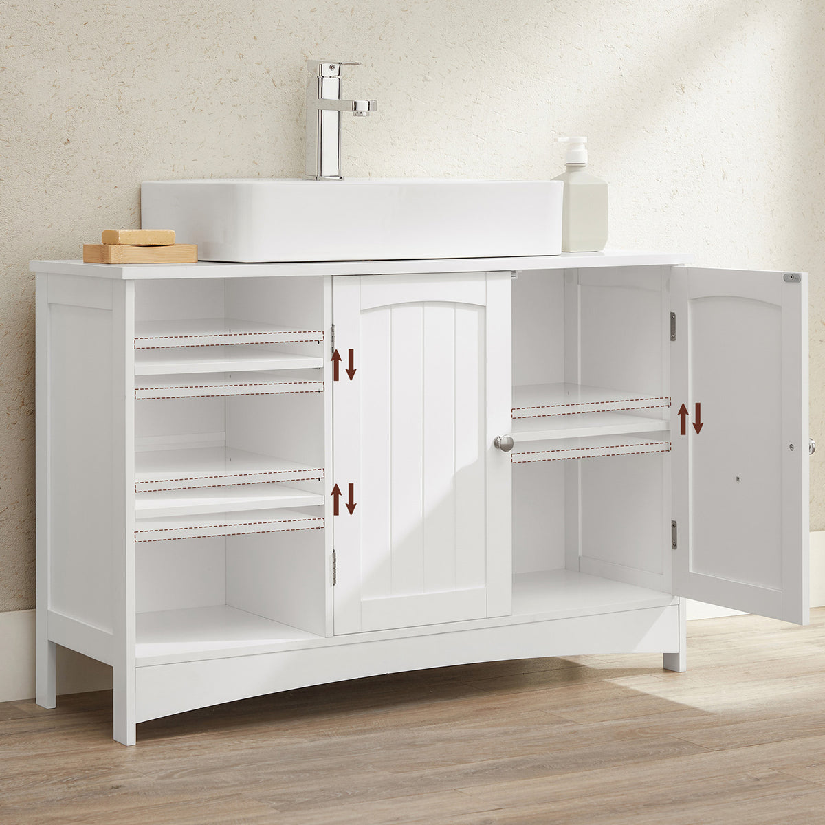 Wastafelonderkast – 2 Deuren & Open Vakken – Verstelbare Planken – Sifonuitsparing – 90 x 30 x 60 cm