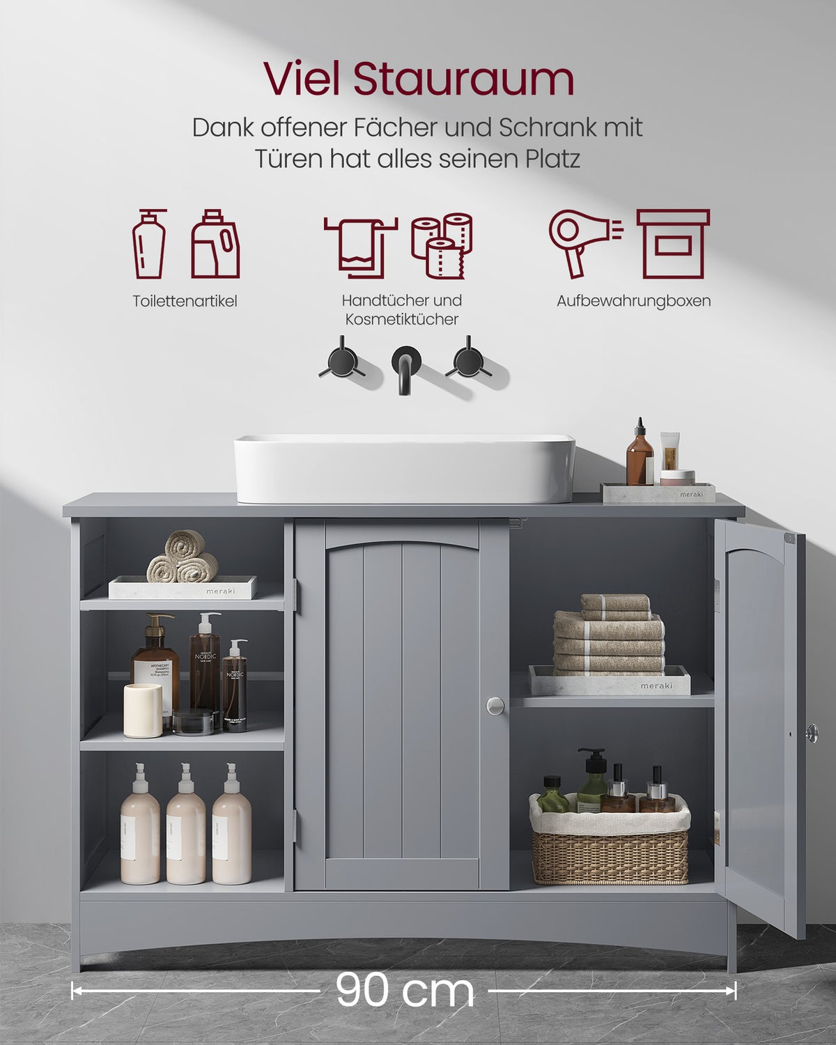 Wastafelonderkast – 2 Deuren & Open Vakken – Verstelbare Planken – Sifonuitsparing – 90 x 30 x 60 cm