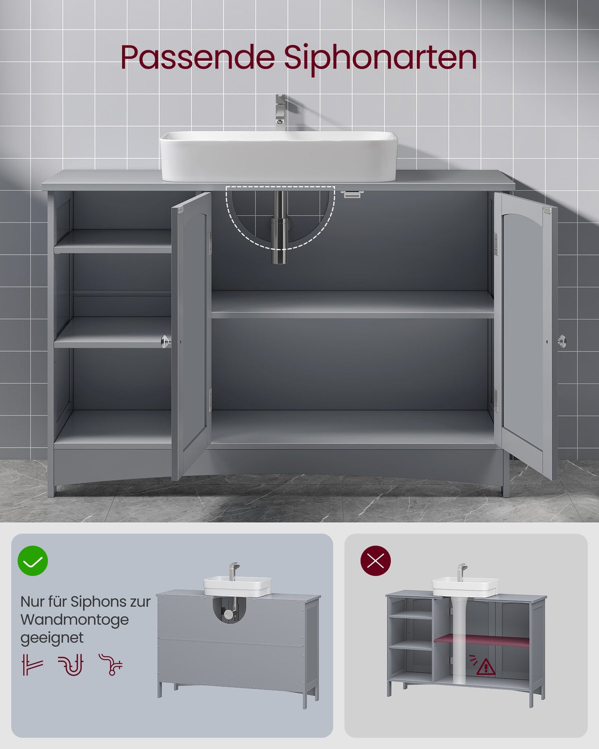 Wastafelonderkast – 2 Deuren & Open Vakken – Verstelbare Planken – Sifonuitsparing – 90 x 30 x 60 cm