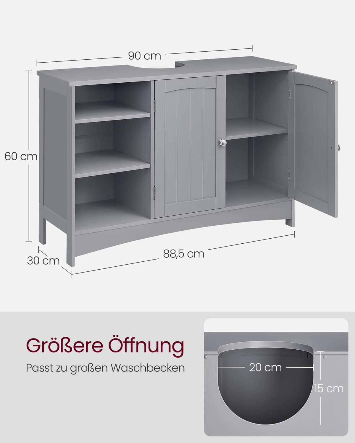 Wastafelonderkast – 2 Deuren & Open Vakken – Verstelbare Planken – Sifonuitsparing – 90 x 30 x 60 cm