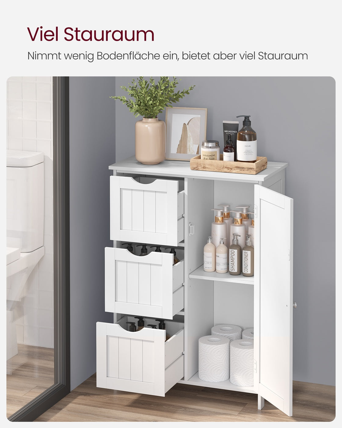 Badkamerkast met 3 Lades en Deur – Verstelbare Plank – Kantelbeveiliging – Wit – 60 x 30 x 81 cm