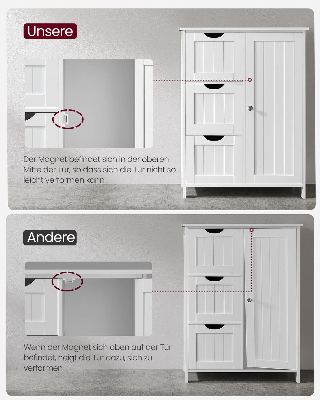 Badkamerkast met 3 Lades en Deur – Verstelbare Plank – Kantelbeveiliging – Wit – 60 x 30 x 81 cm