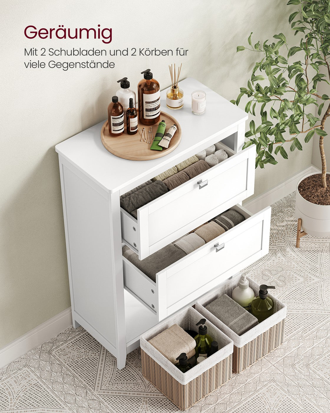 Badkamerkast met 2 Lades en 2 Manden – Verstelbare Vakverdeler – Wit – 60 x 30 x 80 cm