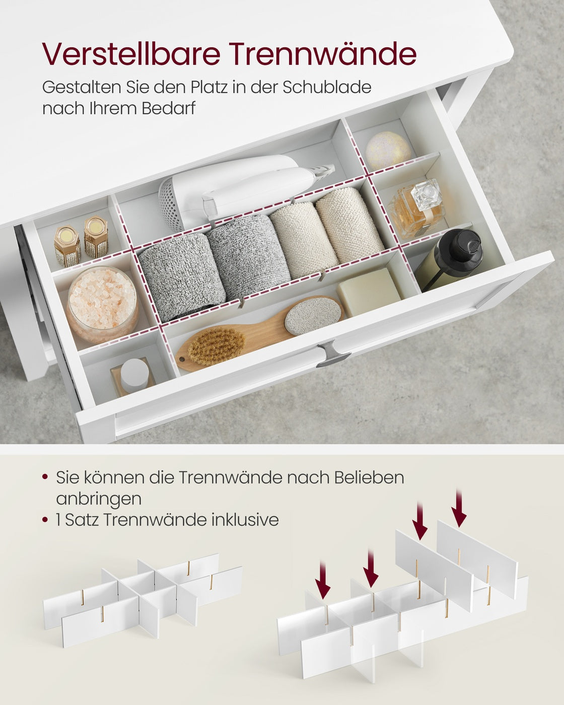 Badkamerkast met 2 Lades en 2 Manden – Verstelbare Vakverdeler – Wit – 60 x 30 x 80 cm