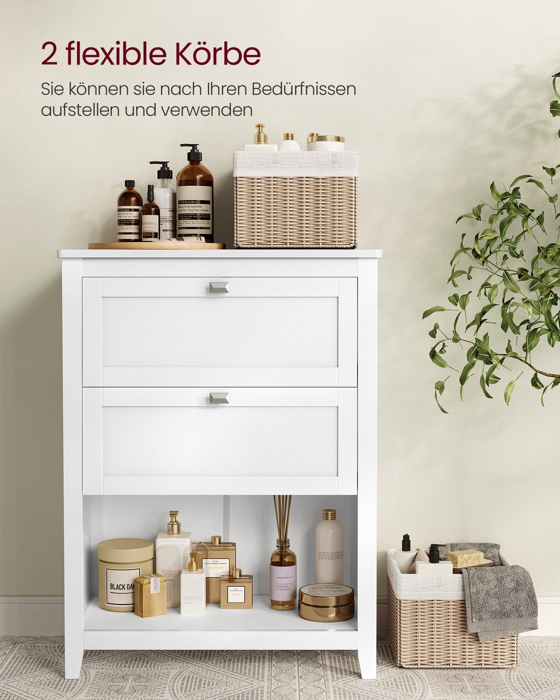 Badkamerkast met 2 Lades en 2 Manden – Verstelbare Vakverdeler – Wit – 60 x 30 x 80 cm