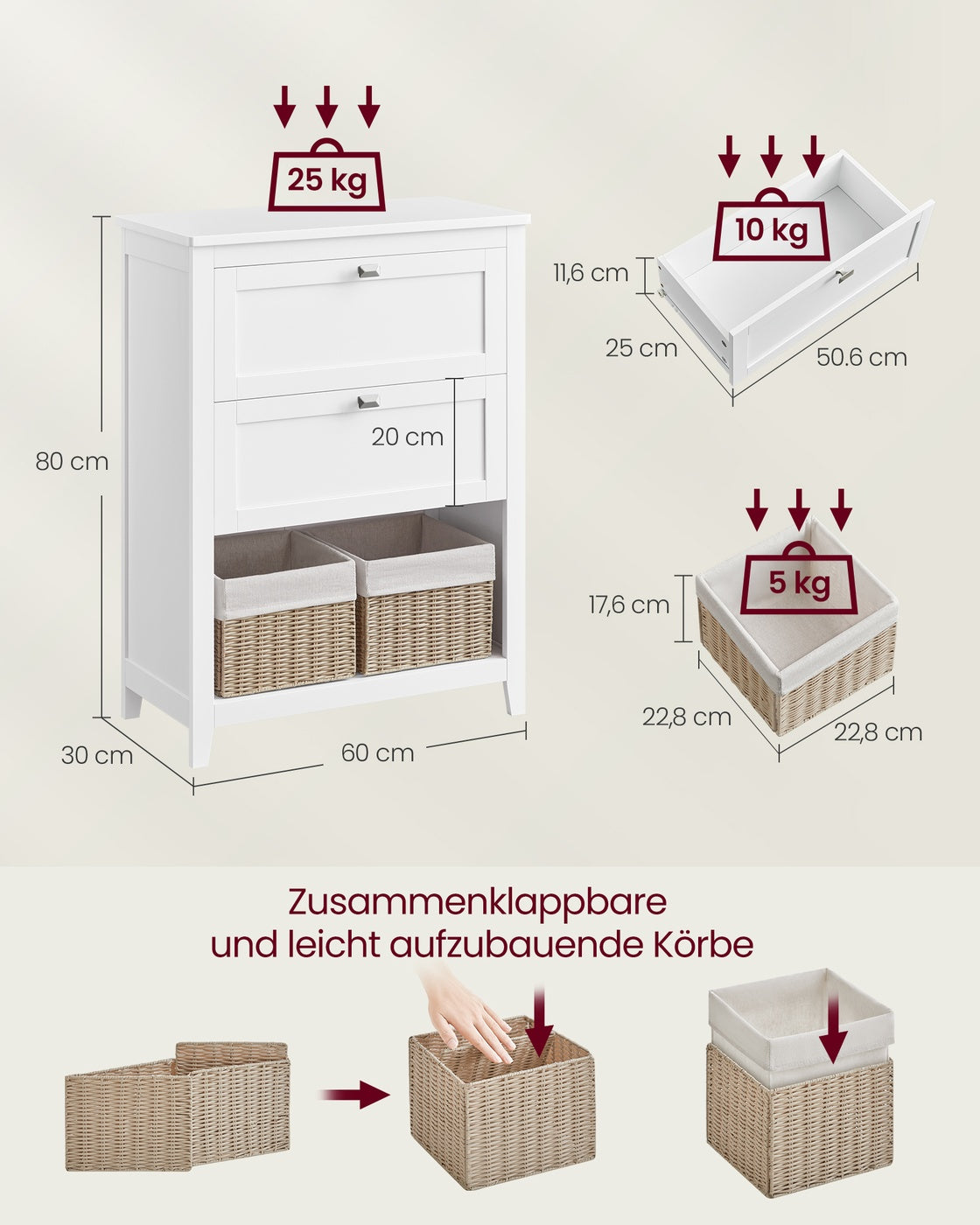 Badkamerkast met 2 Lades en 2 Manden – Verstelbare Vakverdeler – Wit – 60 x 30 x 80 cm