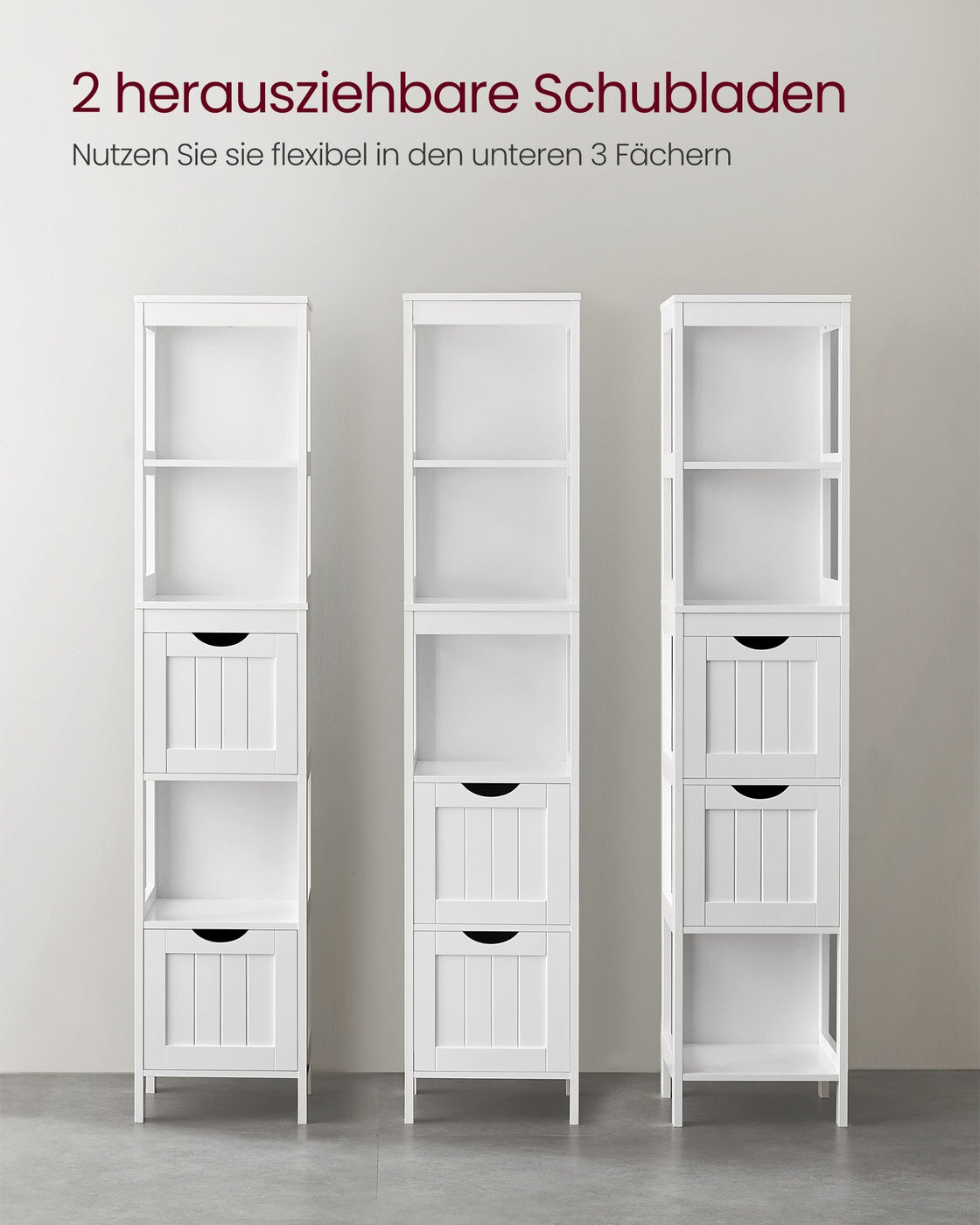 Smalle Hoge Badkamerkast in Landelijke Stijl – 3 Open Vakken & 2 Lades – 30 x 30 x 141,5 cm
