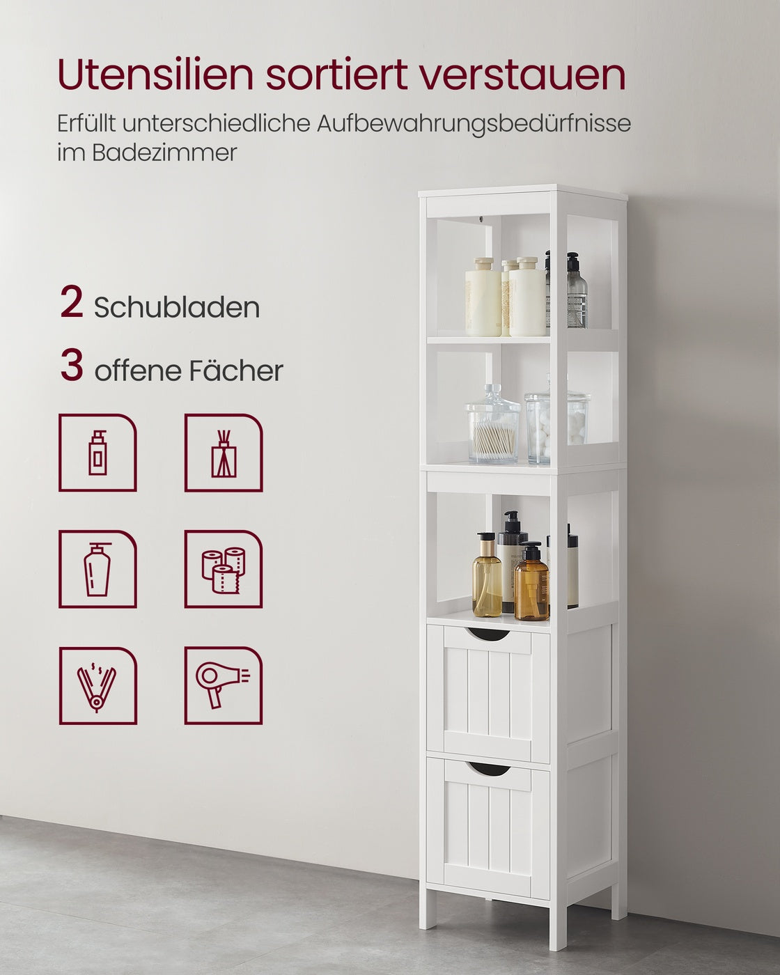 Smalle Hoge Badkamerkast in Landelijke Stijl – 3 Open Vakken & 2 Lades – 30 x 30 x 141,5 cm