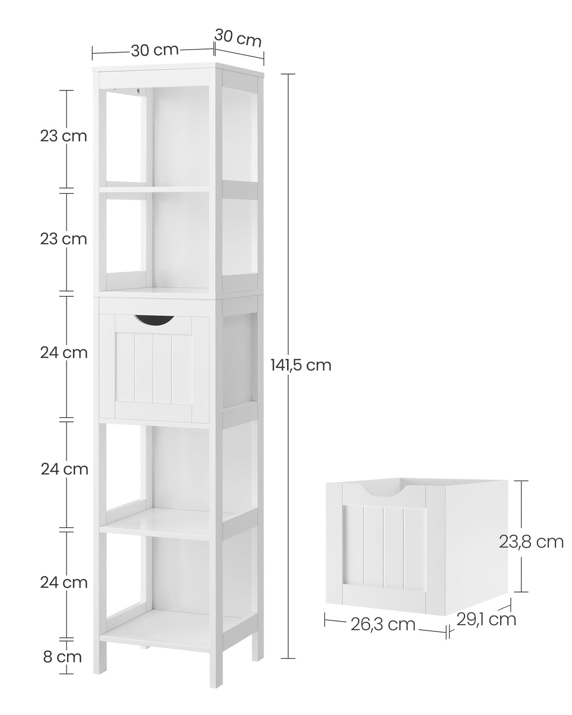 Smalle Hoge Badkamerkast in Landelijke Stijl – 3 Open Vakken & 2 Lades – 30 x 30 x 141,5 cm