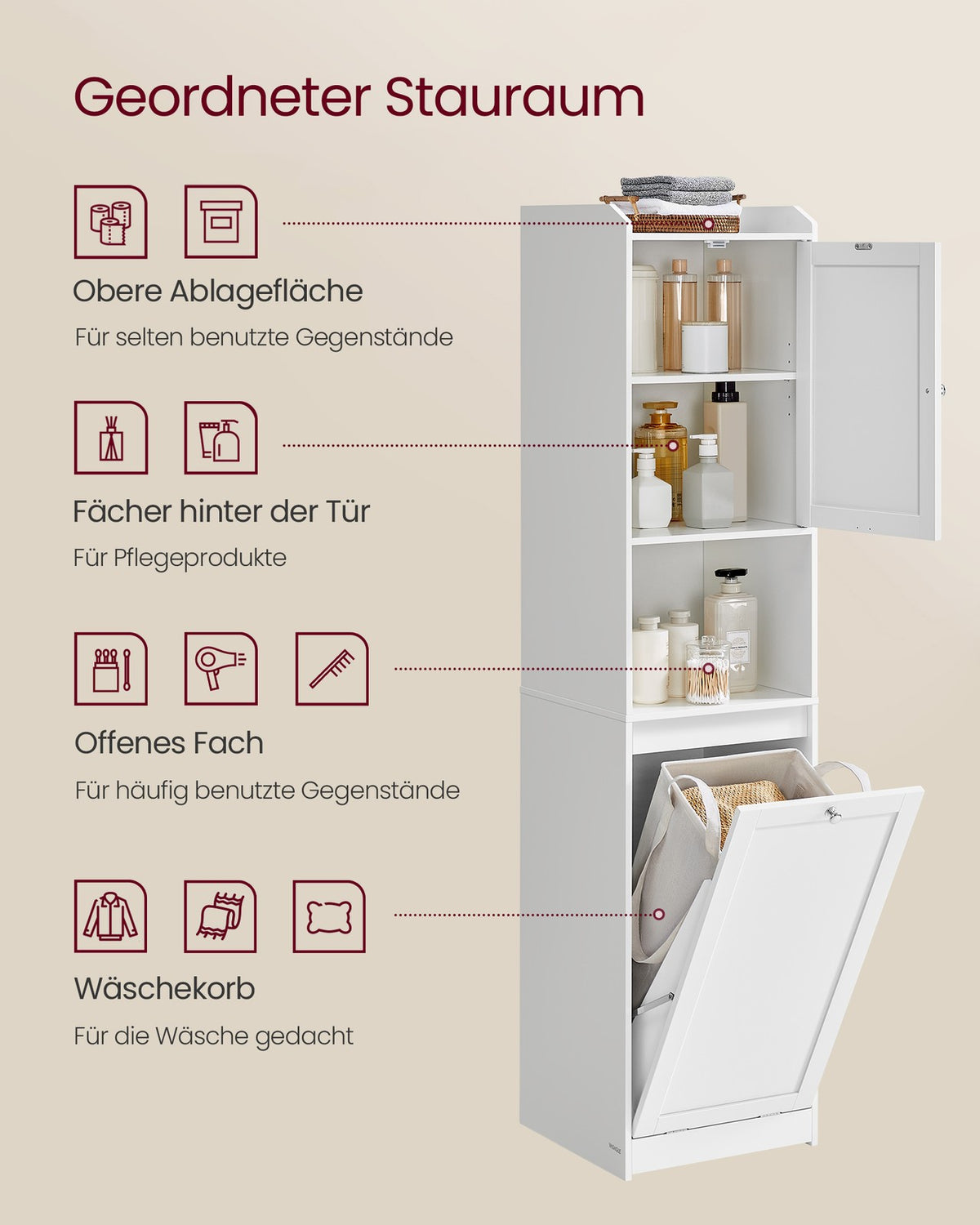 Hoge Badkamerkast met Wasmand – Uitneembare Waszak – Kastje & Open Vak – 40 x 40 x 170 cm