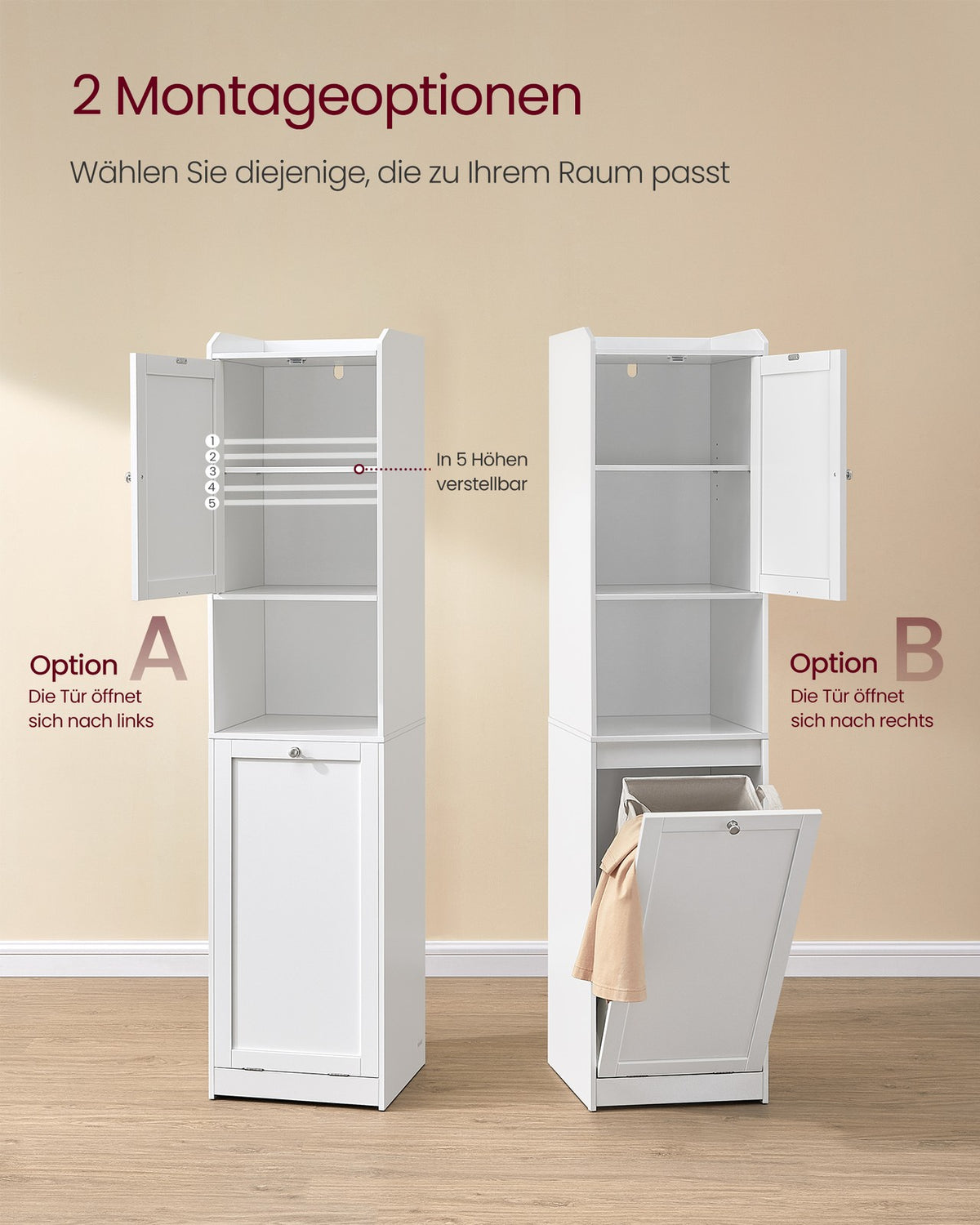 Hoge Badkamerkast met Wasmand – Uitneembare Waszak – Kastje & Open Vak – 40 x 40 x 170 cm