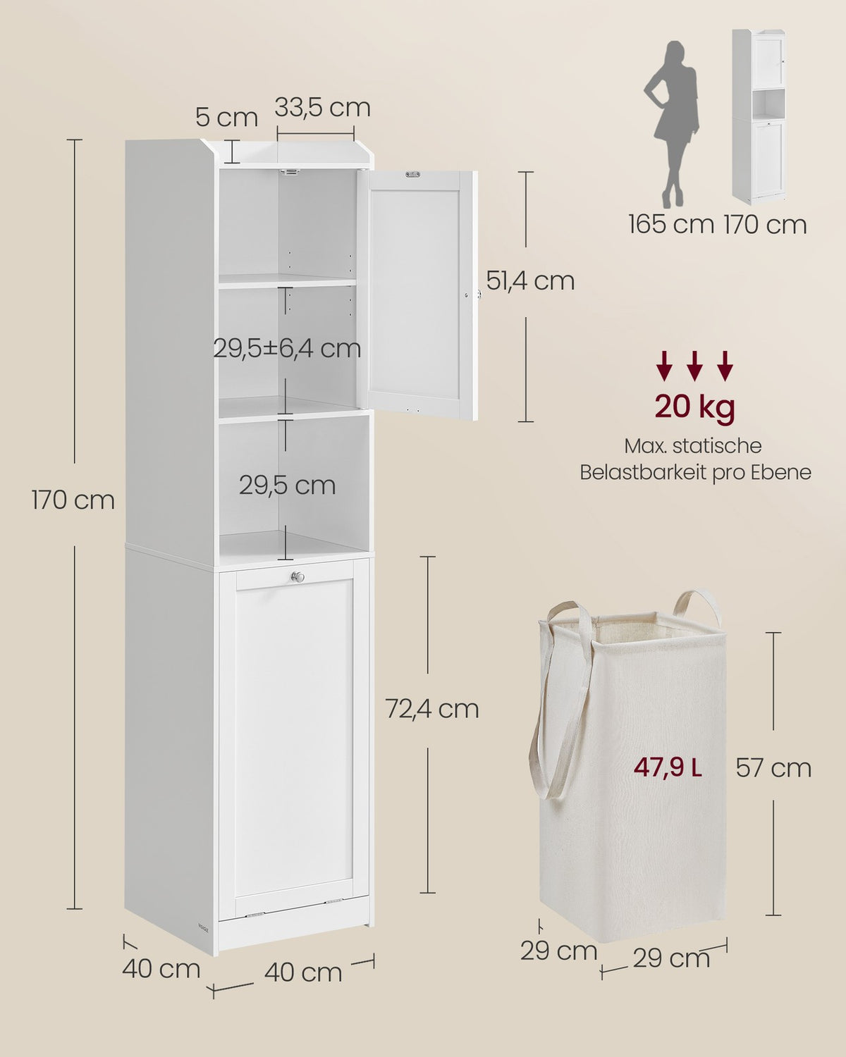 Hoge Badkamerkast met Wasmand – Uitneembare Waszak – Kastje & Open Vak – 40 x 40 x 170 cm