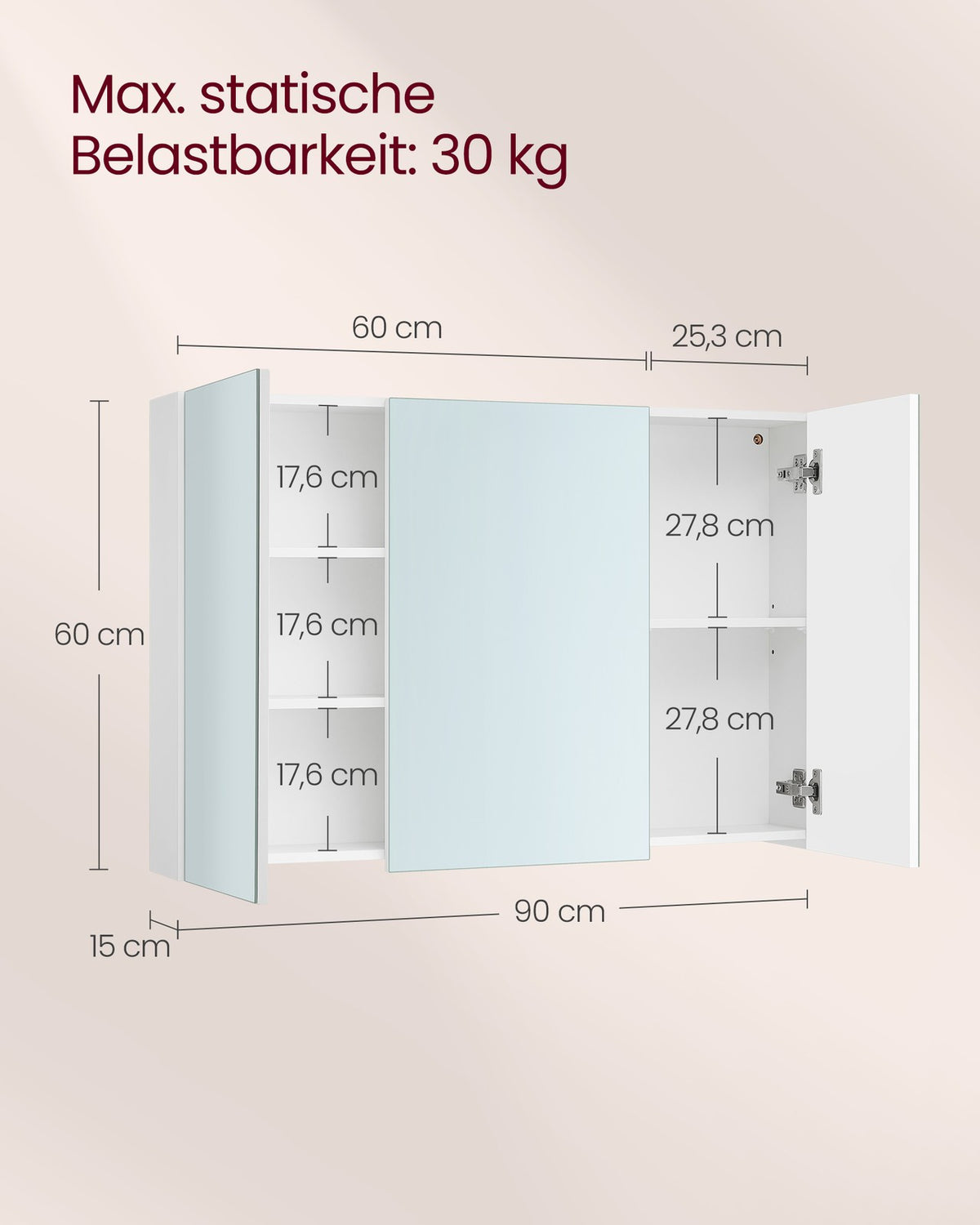 Spiegelkast met 3 Spiegeldeuren – Badkamerkast Zonder Grepen – 5 Vakken & Verstelbare Planken – Wit