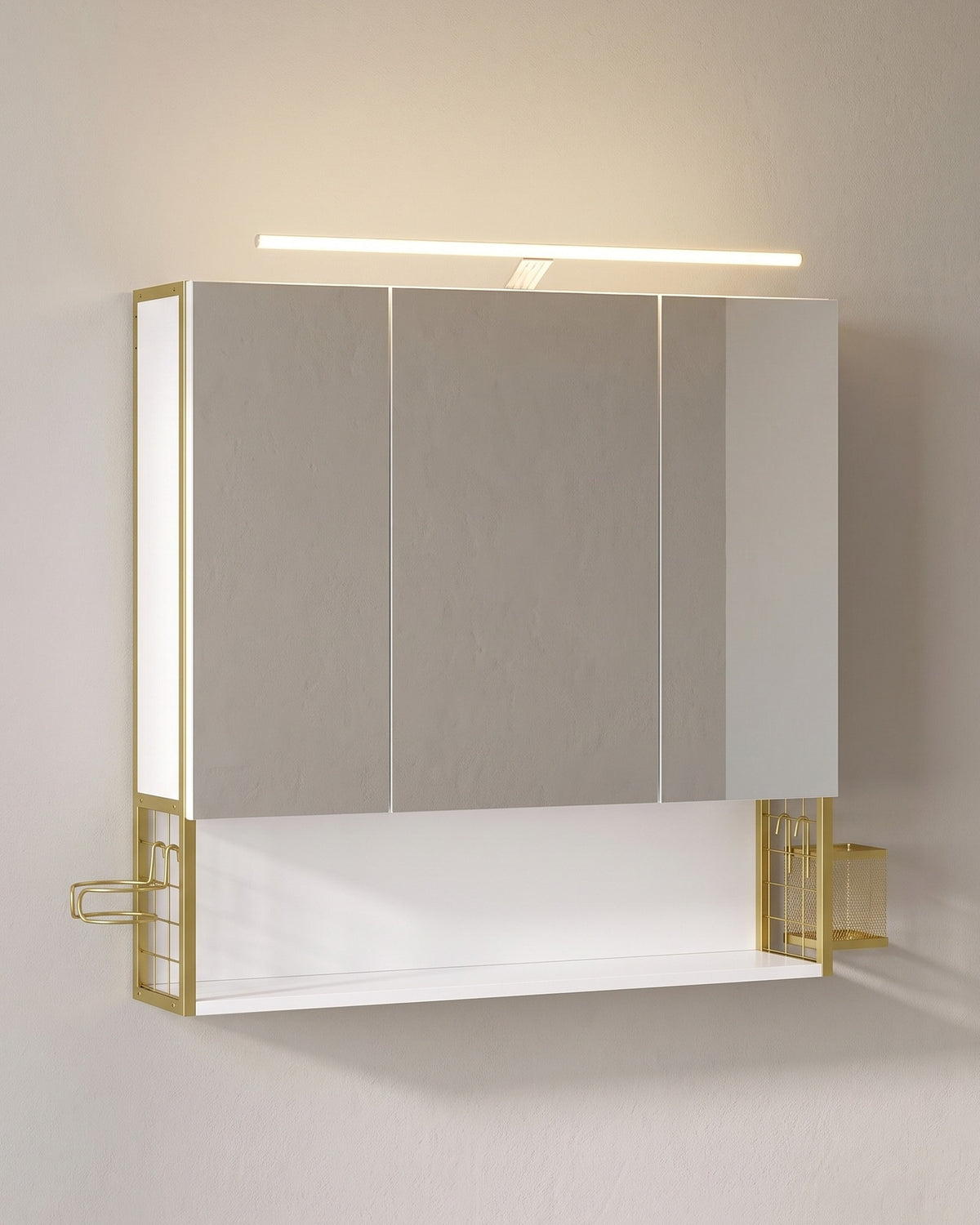 Spiegelkast met LED-Verlichting – 3 Spiegeldeuren – Föhnhouder & Opbergmandje – 70 x 14,5 x 70 cm