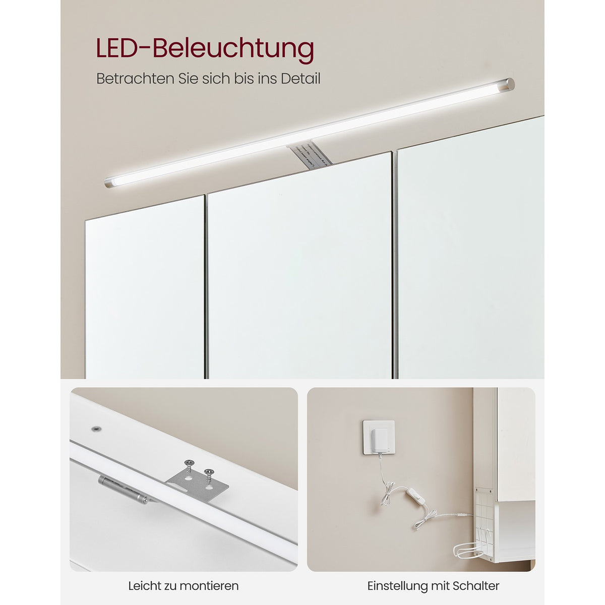 Spiegelkast met LED-Verlichting – 3 Spiegeldeuren – Föhnhouder & Opbergmandje – 70 x 14,5 x 70 cm