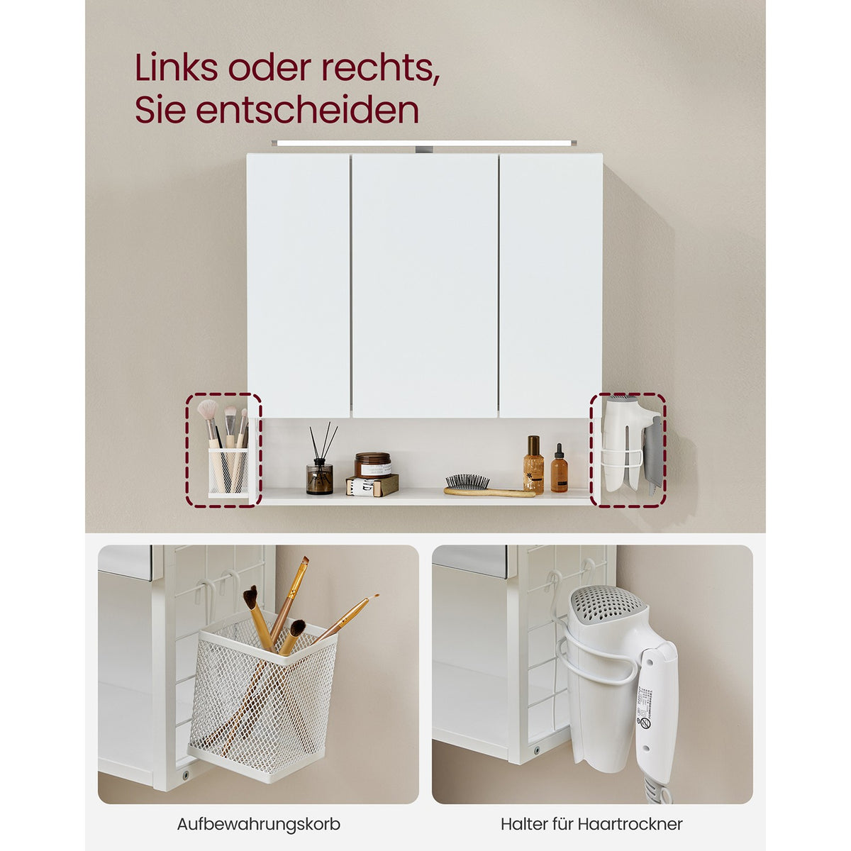 Spiegelkast met LED-Verlichting – 3 Spiegeldeuren – Föhnhouder & Opbergmandje – 70 x 14,5 x 70 cm