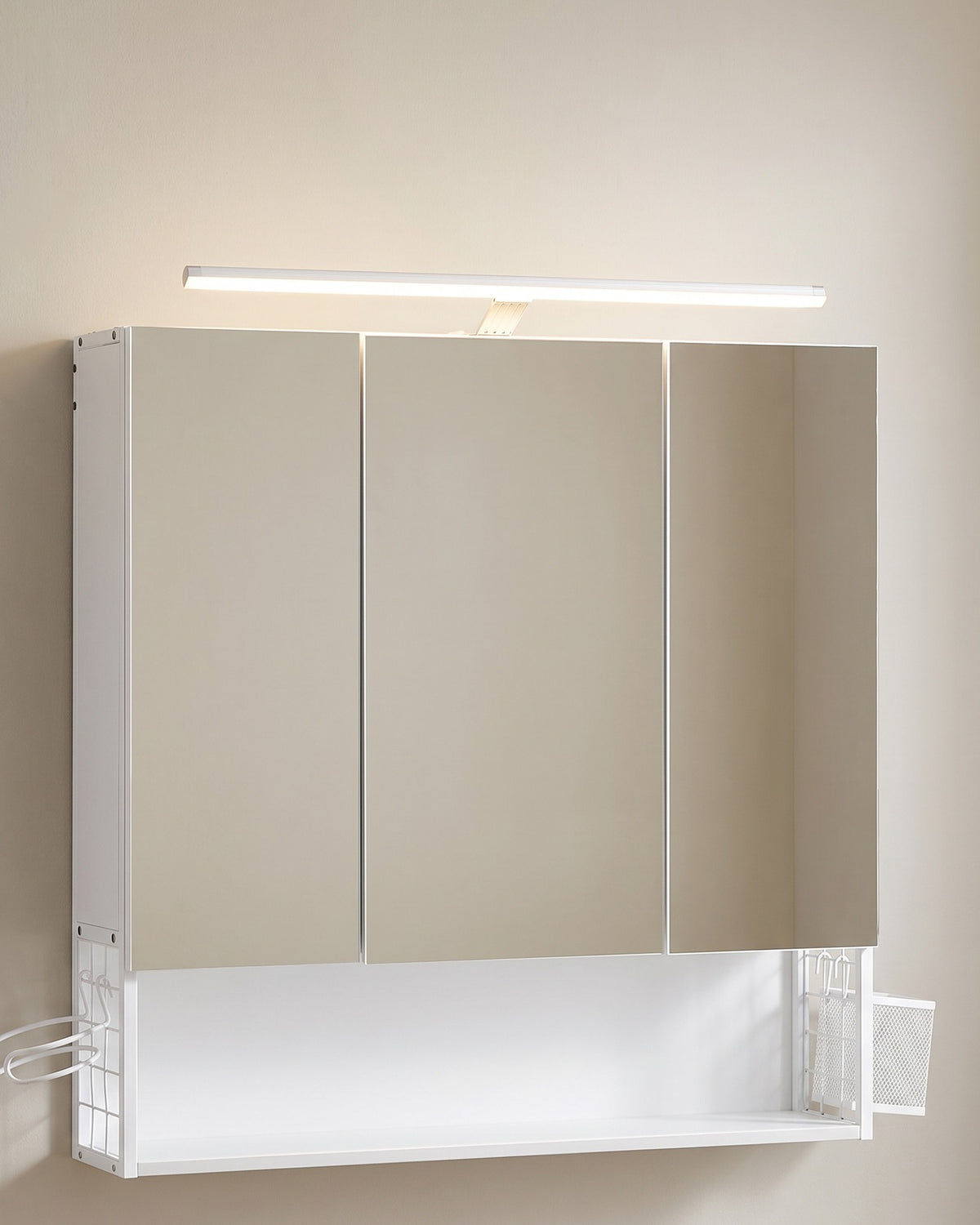Spiegelkast met LED-Verlichting – 3 Spiegeldeuren – Föhnhouder & Opbergmandje – 70 x 14,5 x 70 cm