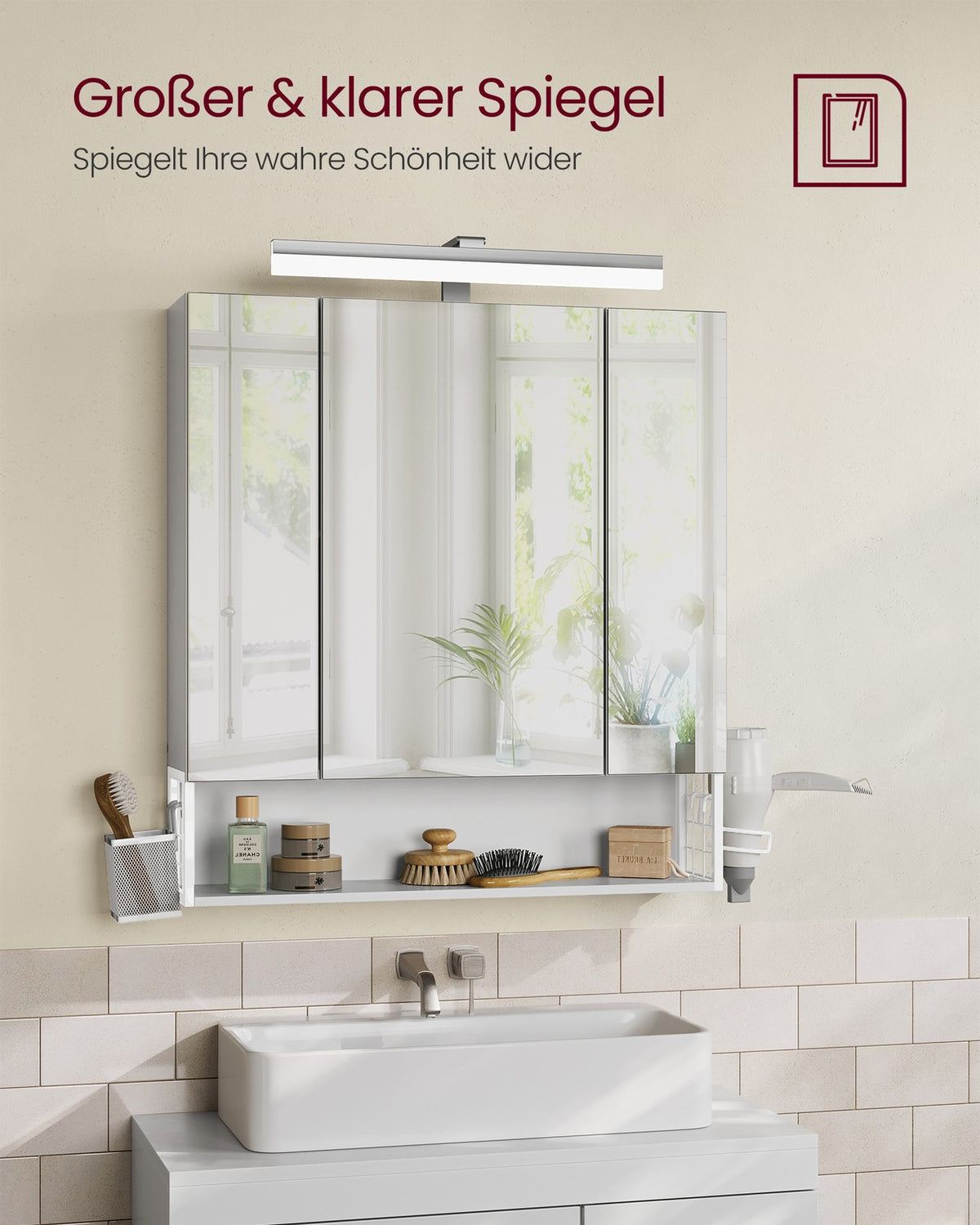 Spiegelkast met LED-Verlichting en Stopcontacten – 3 Spiegeldeuren – Föhnhouder & Opbergmandje