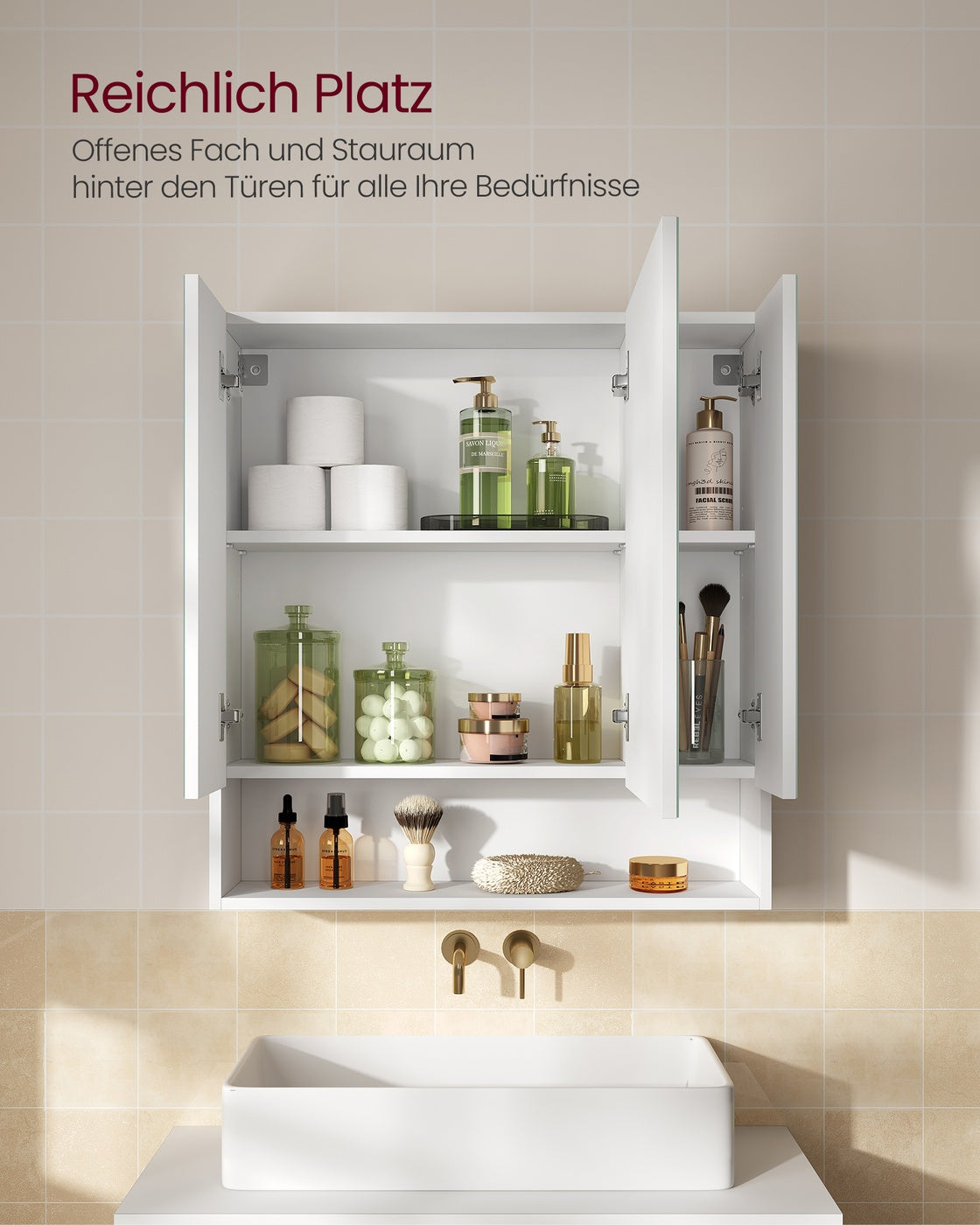 Spiegelkast voor de Badkamer – 3 Deuren & Open Vak – Verstelbare Planken – KAILYN Collectie