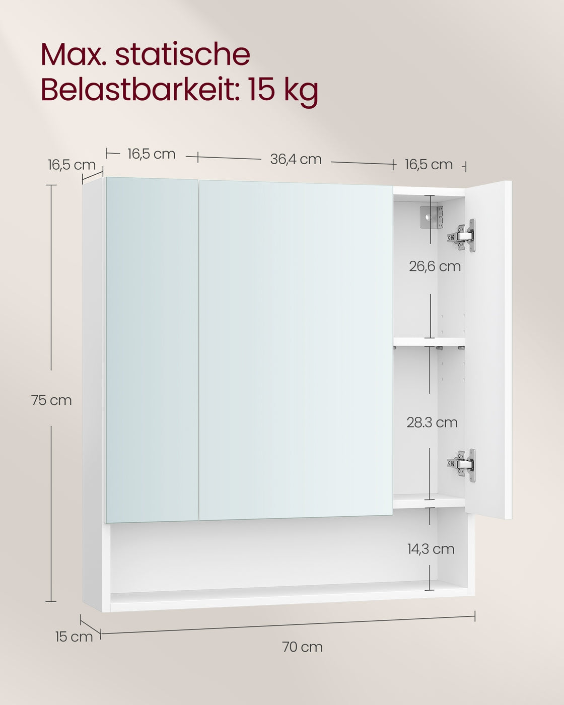 Spiegelkast voor de Badkamer – 3 Deuren & Open Vak – Verstelbare Planken – KAILYN Collectie