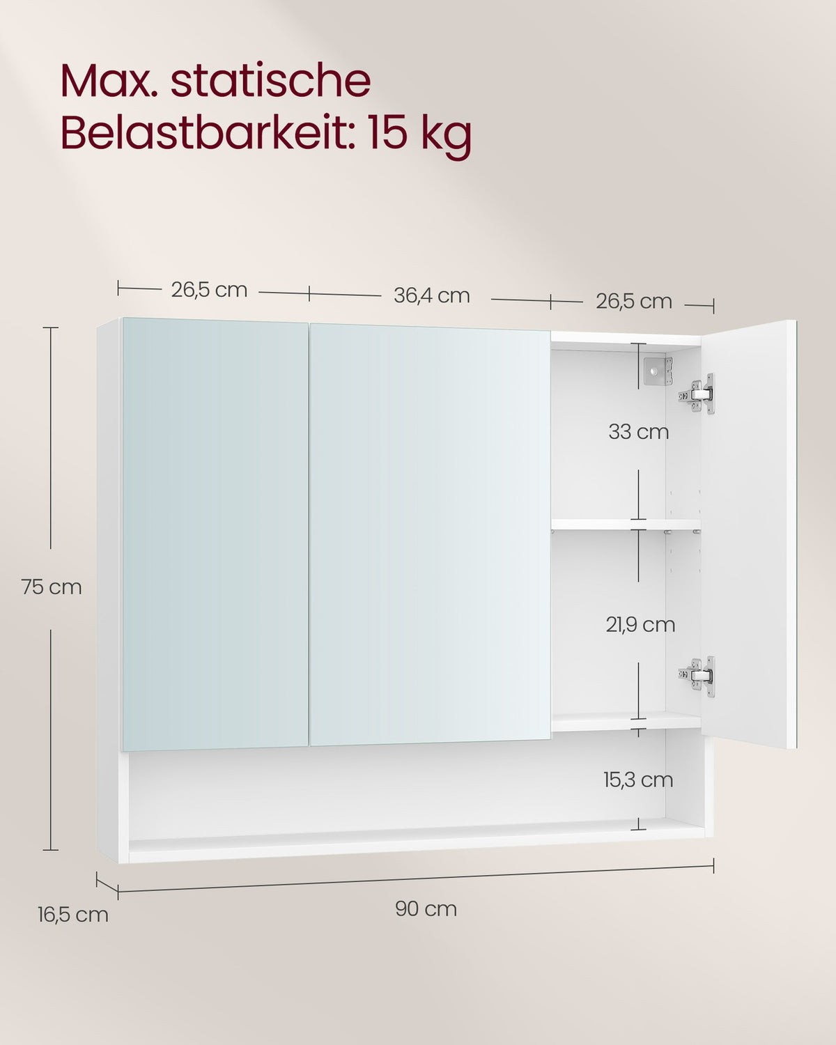Spiegelkast voor de Badkamer – 3 Deuren & Open Vak – Verstelbare Planken – KAILYN Collectie