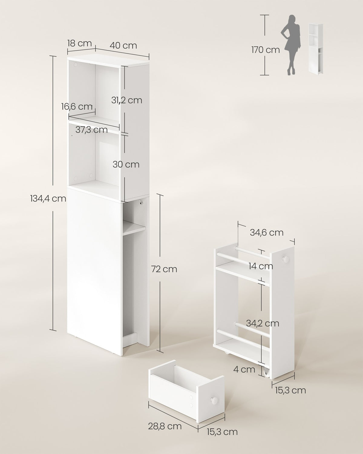 Smalle Badkamerkast met Uittrekbare Lade – Open Vakken & Laatje – 18 cm Breed – 134 cm Hoog