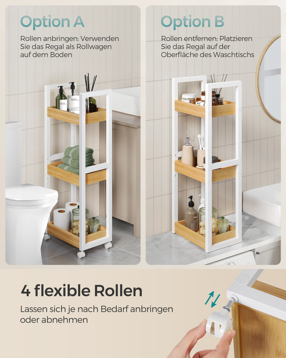 Badkamerrek op Wieltjes – Smal Rolwagentje met 3 Etages – Afneembare Wielen – 30 x 20 x 80 cm