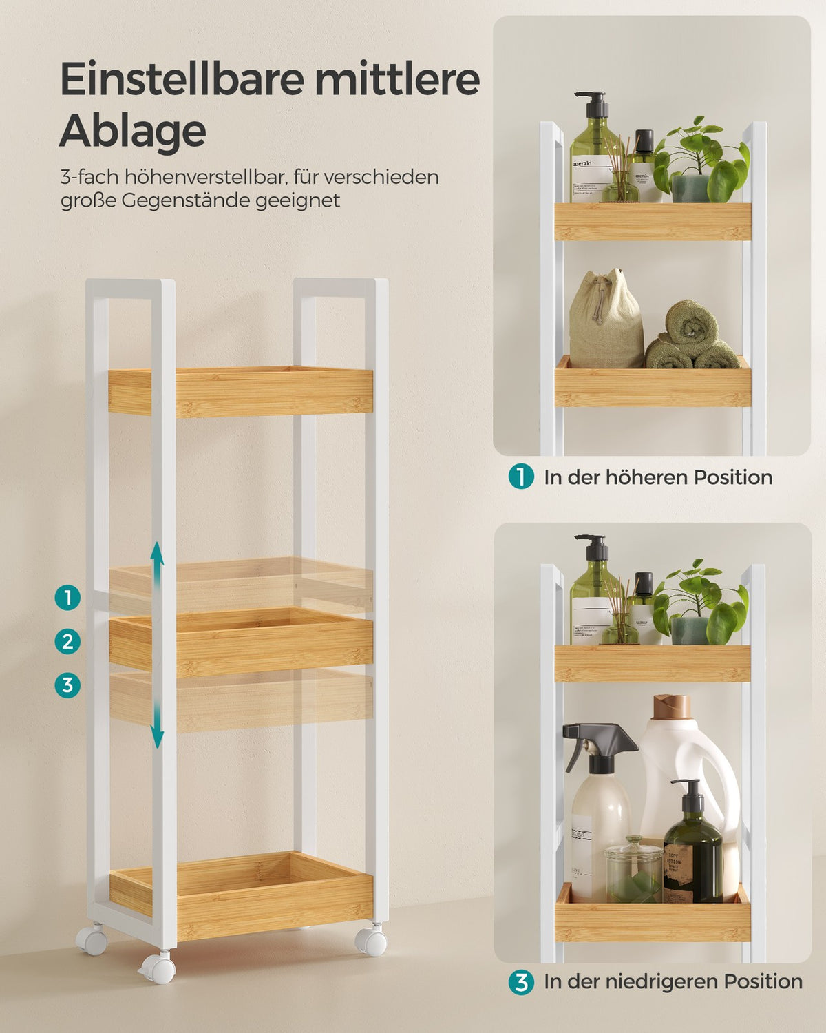 Badkamerrek op Wieltjes – Smal Rolwagentje met 3 Etages – Afneembare Wielen – 30 x 20 x 80 cm